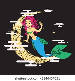 Lovely mermaid with little turtle, vector illustration, children artworks, wallpapers, posters, greeting cards prints.