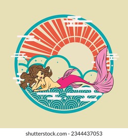 Lovely mermaid with little turtle, vector illustration, children artworks, wallpapers, posters, greeting cards prints.