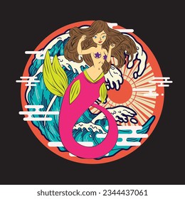 Lovely mermaid with little turtle, vector illustration, children artworks, wallpapers, posters, greeting cards prints.