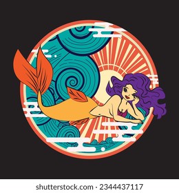 Lovely mermaid with little turtle, vector illustration, children artworks, wallpapers, posters, greeting cards prints.