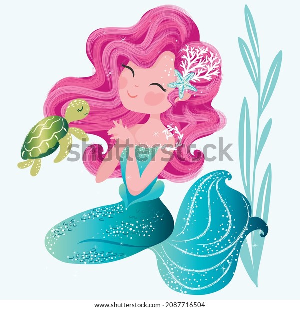 Lovely\
mermaid with little turtle, vector illustration, children artworks,\
wallpapers, posters, greeting cards prints.\
