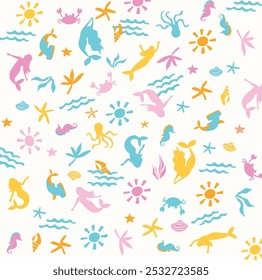 Modelo encantador de la sirena, Ilustración vectorial para las impresiones de los niños, Fondos de pantalla, telas, tarjetas de felicitación