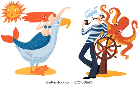 Lovely Mermaid with a sweet candy resting on a seagull illustration with a sailor smoking a pipe good for any print. Funny cartoon art in ocean sea theme in flat vector hand drawn style .