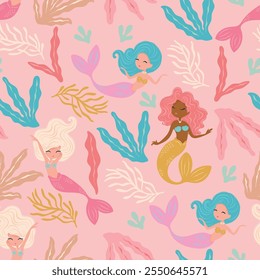 Lovely mermaids, seamless pattern design, undersea childish texture, pink background, vector illustration.