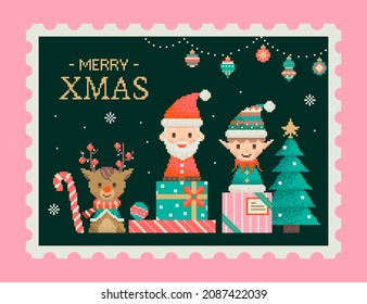 Lovely Merry Christmas stamp in pixel art with Santa Claus, elf and reindeer