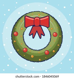 Lovely Merry Xmas concept flat design with green wreath decorated with a red bow. Typical Advent or Christmas household ornament design element on a blue background. Vector illustration flat design