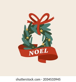 Lovely Merry Xmas concept flat design with green wreath decorated with red ribbon. Traditional Christmas decoration