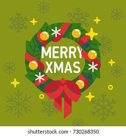 Lovely Merry Xmas concept flat design with green wreath decorated with red ribbon and golden globes. Typical Advent or Christmas household ornament design element with sample text on green background