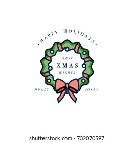 Lovely Merry Xmas concept flat design with green wreath decorated with red ribbon and golden globes. Typical Advent or Christmas household ornament design element with sample text on white background