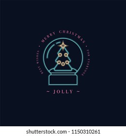 Lovely Merry Xmas concept linear neon design with Christmas ball with snow. Greeting typography compositions Xmas cards, banners or posters and other printables