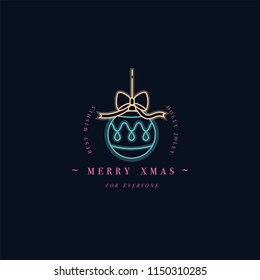 Lovely Merry Xmas concept linear neon design with Christmas ball. Greeting typography compositions Xmas cards, banners or posters and other printables