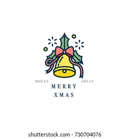 Lovely Merry Xmas concept linear design with Christmas bell. Greeting typography compositions Xmas cards, banners or posters and other printables.