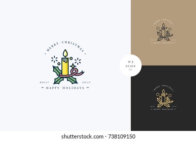 Lovely Merry Xmas concept linear design with Christmas candle. Greeting typography compositions Xmas cards, banners or posters and other printables.