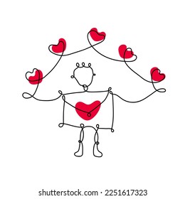 Lovely message.  Convert a person into line art.  With red hearts around.  And a big red heart seal.  Vector graphics.  Valentine's Day  Valentine's Day.