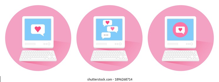 Lovely messages on futuristic retro computer screens. Online dating romance concept, virtual love, long distance relationships. Trendy vector illustration for print, stickers, web design.