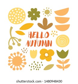 Lovely minimal autumn scandinavian cute vector print with plants, flowers and leafs. Typography poster.