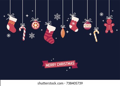 Lovely minimalistic Winter holidays season background with christmas traditional items