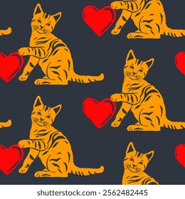 Lovely Mischievous Yellow Cat Puppy with Big Red Heart Seamless Vector Pattern, for Valentine and Cats Moms 