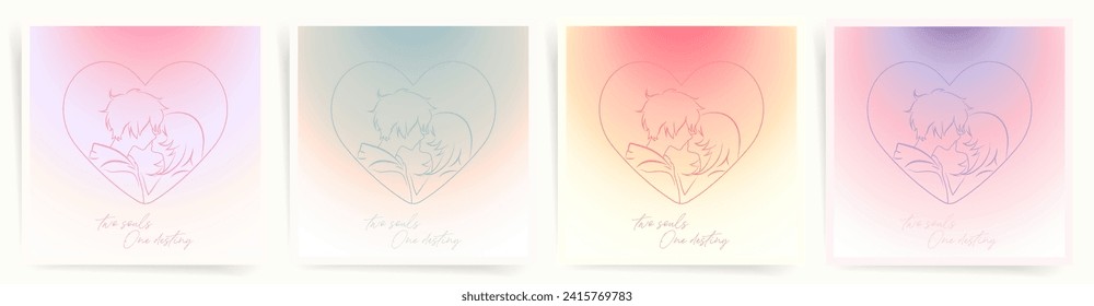 Lovely Modern Art square Cover Design. Social media Square Post Template with Valentine Day Gradients and Anime Style Couple of Lovers. Circular Pink Gradient Layout Template Set.
