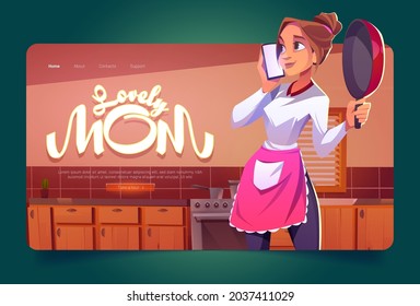 Lovely mom banner with woman in apron talking on mobile phone on kitchen. Vector landing page for mothers day with cartoon illustration of beautiful housewife with pan and smartphone