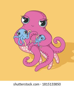 Encantadora madre. El pulpo de mamá lindo con dos niños de pulpo.