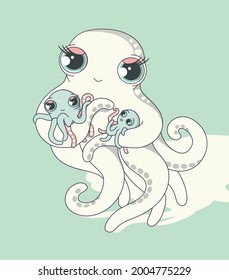 Encantadora madre. El pulpo de mamá lindo con dos niños de pulpo.