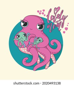 Lovely mom. Cute mom octopus with two octopus kids.