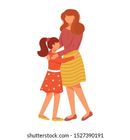 Lovely mom with daughter flat vector illustration. Close family relationships. Little girl greeting mum. Caucasian mother hugging with kid isolated cartoon characters on white background