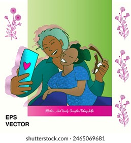 Lovely mom and daughter taking selfies