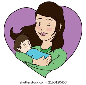 Lovely Mom With Long Hair, Carrying Her Baby In Arms, Winking At You Inside A Pink Heart Shaped Frame.