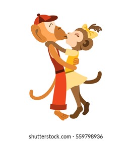 Lovely monkey kids stand hugging and kissing
