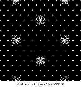 Lovely monochromatic floral seamless pattern with small flowers and dots on black background. Simple line illustration for textile, wrapping paper, fabric. Vector backdrop