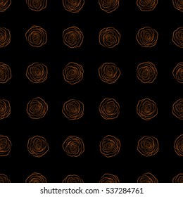 Lovely monochrome rose flowers in orange colors on black background. Vector seamless pattern. Can be used for festive greeting card, textil print or fabric.