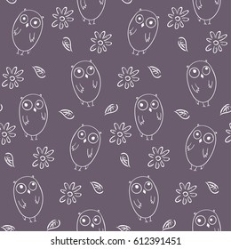 Lovely monochrome seamless pattern with cute owls on purple background. Nice birds texture for kids textile, wallpaper, wrapping paper