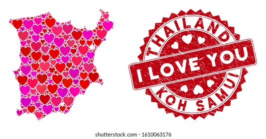 Lovely mosaic Koh Samui map and grunge stamp seal with I Love You caption. Koh Samui map collage designed with randomized red heart items. Red rounded I Love You seal stamp with grunge texture.