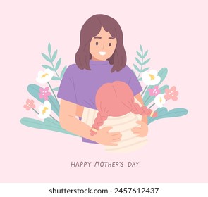 Lovely mother and daughter hugging each other with flowers and "Happy Mother's Day" message. Concept of celebrating mother's day, relationship, love. Vector illustration for banner, greeting card.