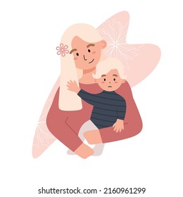 Lovely mother gently embrace her cute baby with love and affection. Happy international mothers day, hugging a small boy, parent and child, parenting, motherhood concept. Flat vector