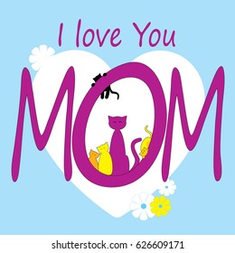 Lovely mother-cat with her kitties. Happy mothers day card. Vector illustration.