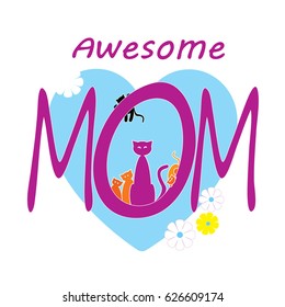 Lovely mother-cat with her kitties. Happy mothers day card. Vector illustration.