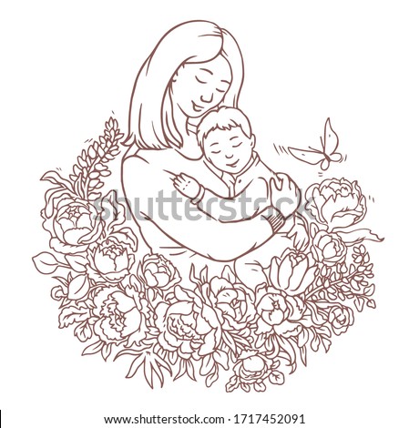 Lovely motherday coloring page with floral composition. Mother holds her son in her arms