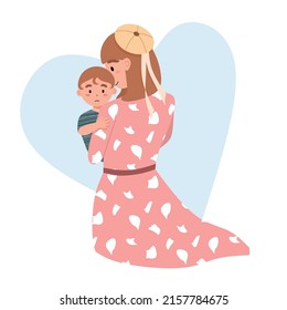 Lovely mother's back view gently embrace her cute baby with love and affection. Happy international mothers day, hugging a small boy, parent and child, parenting, motherhood concept. Flat vector