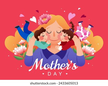 Lovely Mothers Day card with children kissing mom on the cheeks on light red background.