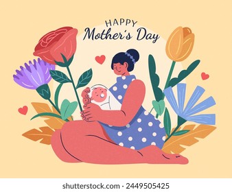 Lovely Mother's Day card. Mom holding baby on light beige background with flowers.
