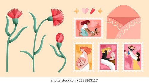 Lovely mother's day element set. Including open envelope, mom and child interaction theme postage stamps, carnation and paper art decorations isolated on light beige background