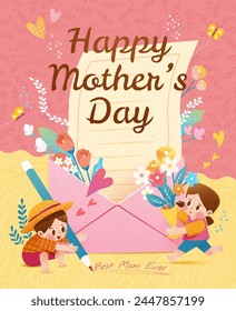 Lovely Mothers Day poster. Kids carrying bouquet and pencil in front of letter with flowers.