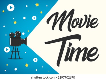 Lovely movie time concept layout with film projector and text area with sample title in retro western font. Cool cinema poster, leaflet or banner template with detailed retro projector with film reels