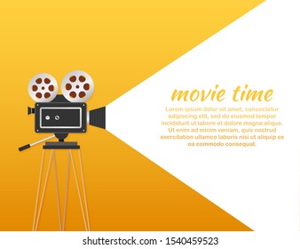 Lovely movie time concept layout with film projector and text area with sample title in retro western font. Vector illustration.