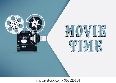 Lovely movie time concept layout with film projector and text area with sample title in retro western font. Cool cinema poster, leaflet or banner template with detailed retro projector with film reels