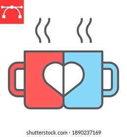 Lovely mugs color line icon, valentines day and cafe, mug with heart sign vector graphics, editable stroke filled outline icon, eps 10