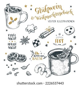 Lovely Mulled Wine and Christmas Treats - in German Glühwein and Weihnachtsgebaeck illustrations with christmas cookies, ingredients and various German Christmas Sayings - vector design